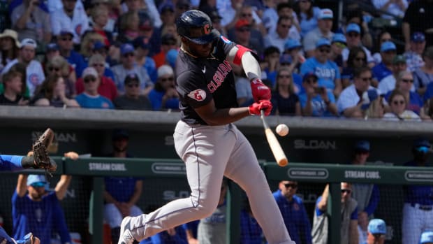 Mar 3, 2024; Mesa, Arizona, USA; Cleveland Guardians outfielder Jhonkensy Noel (78) hits a single against the Chicago Cubs in the third inning at Sloan Park.